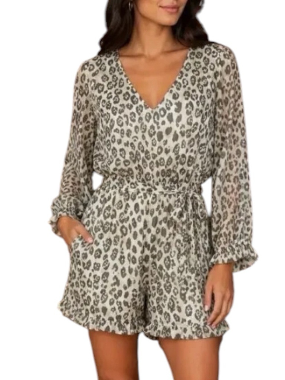 June & Hudson Leopard Print Ruffle Longsleeve V Neck Romper